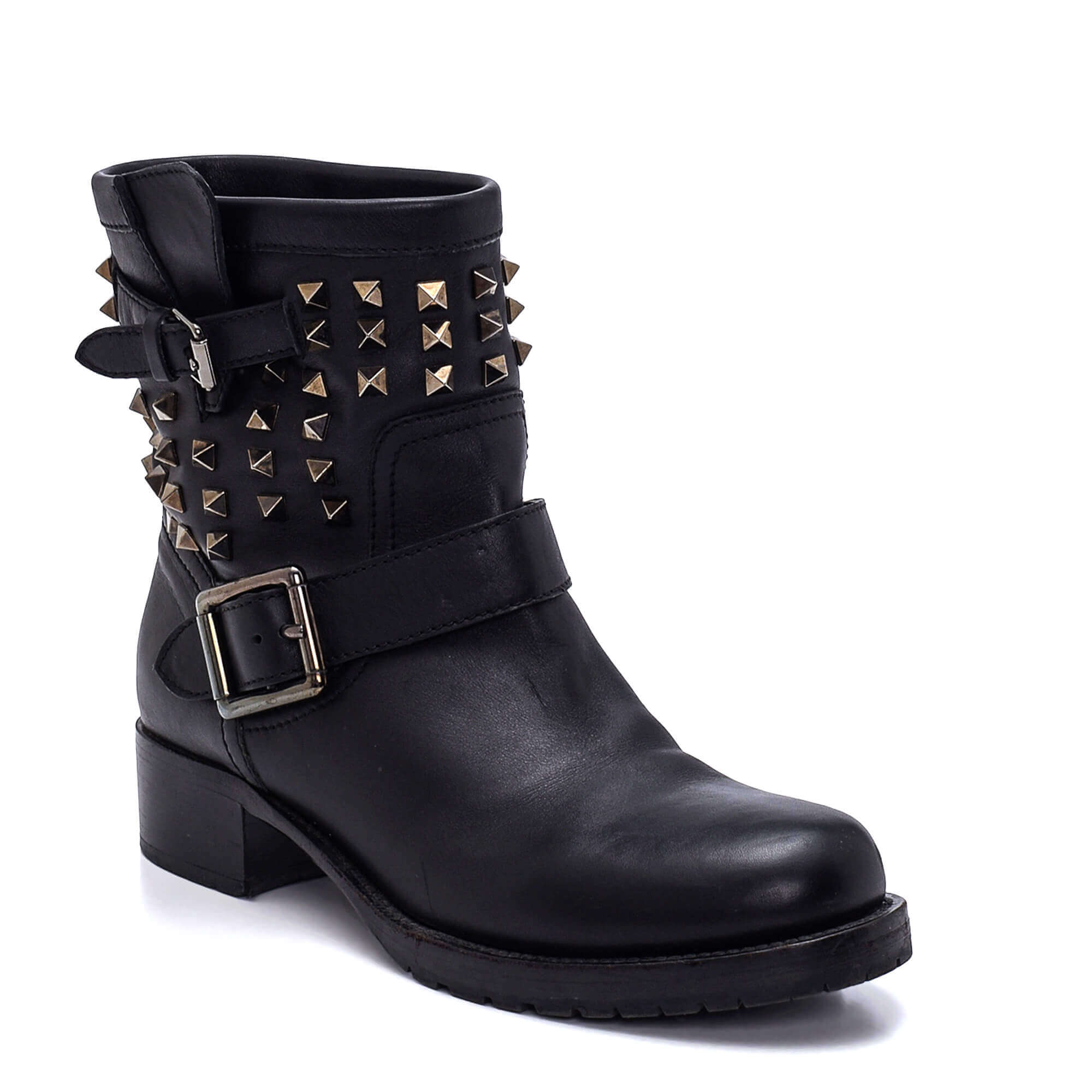 Valentino - Black Leather Double Buckle Rockstudded Boots